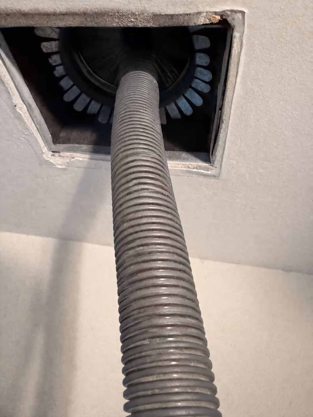 Flexible corrugated metal duct extending from a ceiling vent opening.
