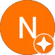 Orange circular icon with a white letter N and a white sparkle symbol on the bottom right
