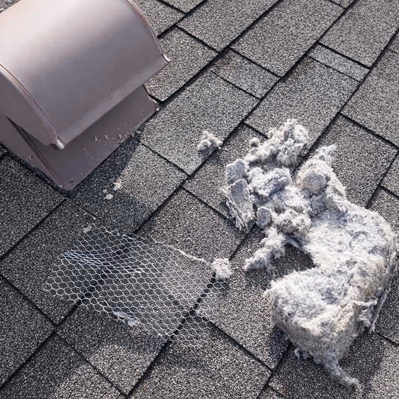 Rooftop dryer vent with lint and a removed metal mesh screen lying on asphalt shingles.