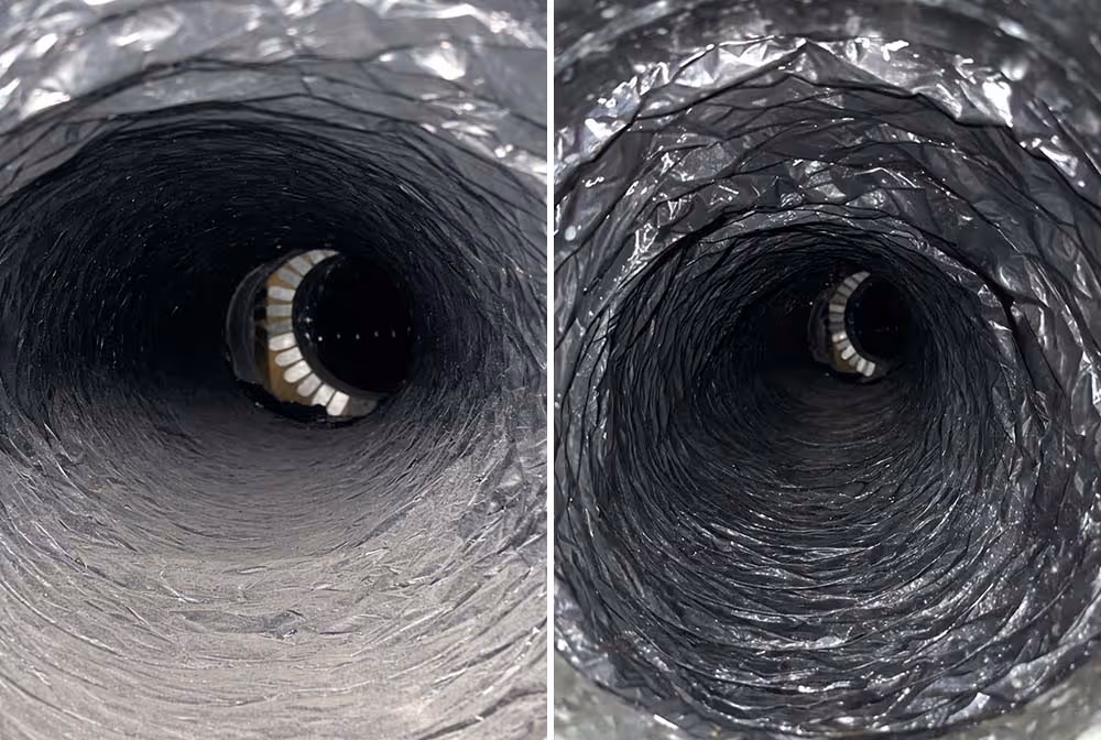 Side-by-side close-up view inside two flexible air ducts showing one dusty and dirty on the left and one clean and shiny on the right.