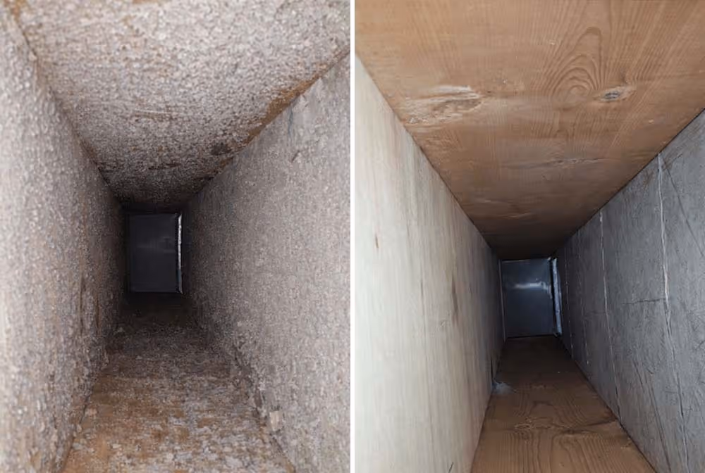 Side-by-side comparison of an air vent before and after cleaning showing dusty, dirty interior versus clean, smooth interior.