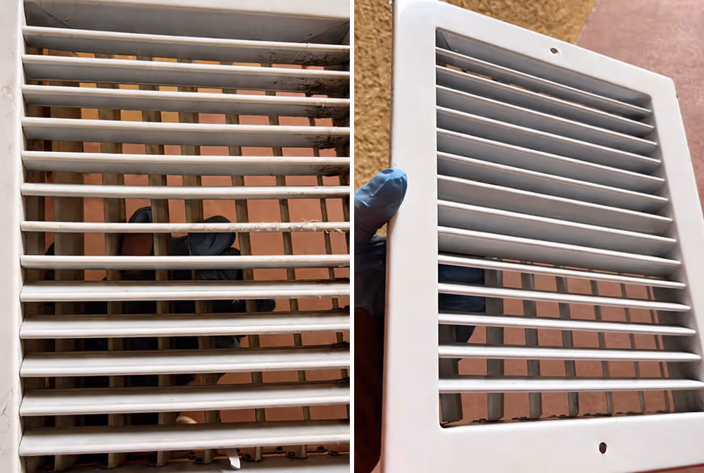 Side-by-side comparison of a dirty, dust-covered air vent grille and the same vent grille clean and free of dust, held by a gloved hand.
